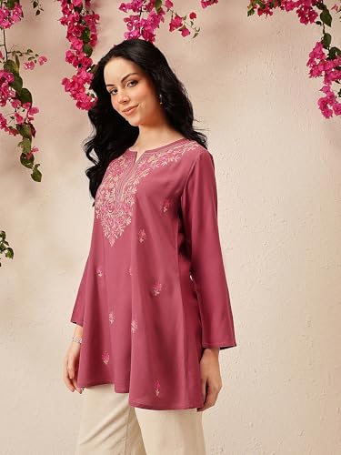 Image of QAZMI Women's Bahar Kashmiri Zari Resham Work Viscose Rayon Full Sleeves A-Line Short Kurti