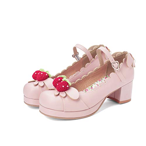 Elyffany Women's Cute Lolita Cosplay Shoes Mid Chunky Heel Mary Jane Pumps