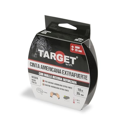 {Cinta Americana Negra 25Mm Cinta Americana TARGET CTN1025N - Cinta Americana Extrafuerte Heavy Duty | Reforzada con malla, Hasta 0,43mm de grosor (NEGRO, 10M X 25mm)