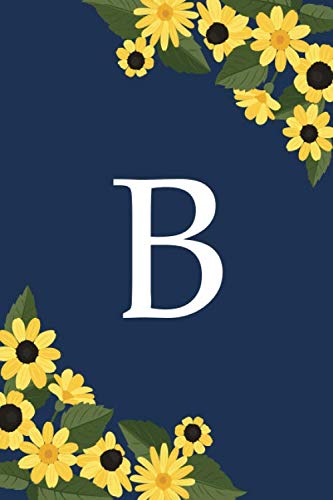 B: Monogram Sunflower Journal Personalized Notebook Initial Letter For Women And Girls, Journal With Navy Soft Floral Cover, Lined Notebook, 120 Pages