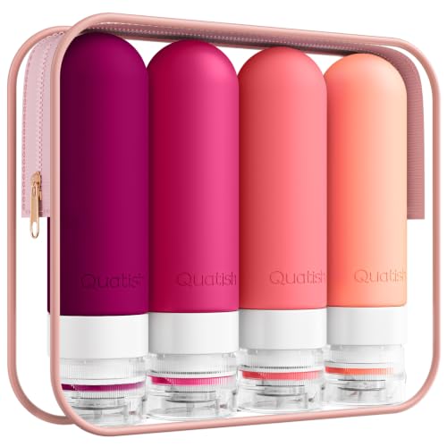 Image of Quatish Travel Bottles for Toiletries, Original Patented Leak Proof Travel Size Containers, 3 oz Tsa Approved Silicone Shampoo and Conditioner Bottles, 4 Pack, Red Rock,Rose