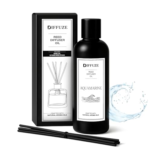 Image of DIFFUZE Aquamarine Reed Diffuser Refill with 10 Fibre Reed Sticks | Fresh Aroma Oil & Fragrance Oil | Diffuser Oil for Home Fragrance | Essential Oil Diffuser for Home