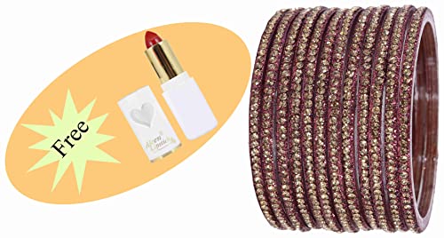 Image of NMII Glass with Zircon Gemstone and Beads Studdded Glossy Finished Traditional Bangle Set For Women and Girls