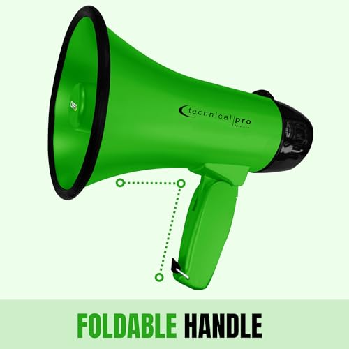 Technical Pro 20 Watts Lightweight Portable 300M Range Green Megaphone Bullhorn with Strap, Siren, and Volume Control, Good for Trainers, Soccer, Football, Baseball, Coaches