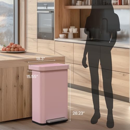 Image of Home Zone Living 18.5 Gallon Large Stainless Steel Trash Can with Slow Closing Lid and Wide Opening, Virtuoso Collection, Pink