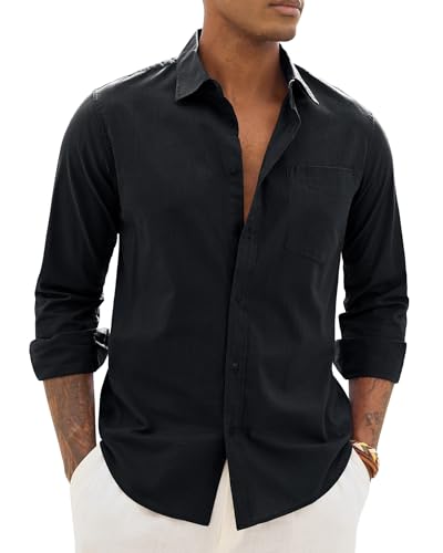 Alimens & Gentle Mens Button Down Shirts Black Linen Cotton