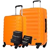 Cj de Malas Bordo 10kg + Média 23kg, Cadeado Fixo 3 Dígitos, ABS Capacete de Piloto, Rodinhas 360°, Padrão ANAC + Kit Organizador Necessaire 6 Peças p Meias e Calcinhas (Neon Amarelo, Kit PM)