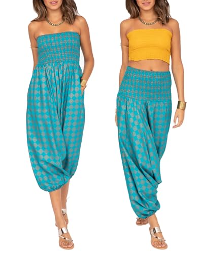 likemary Haremshose Damen Sommer – 2-in-1 Pluderhose mit Taschen Wird zum Bandeau Jumpsuit – Elastische Taille für Urlau...