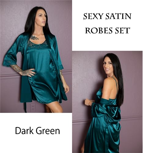Ekouaer Women's Satin Robe Set Lace Sexy Lingerie Robe Wedding Nightgown 2Pcs Cami Bride Party Silk Pajamas Set, Dark Green Xl #TOP2