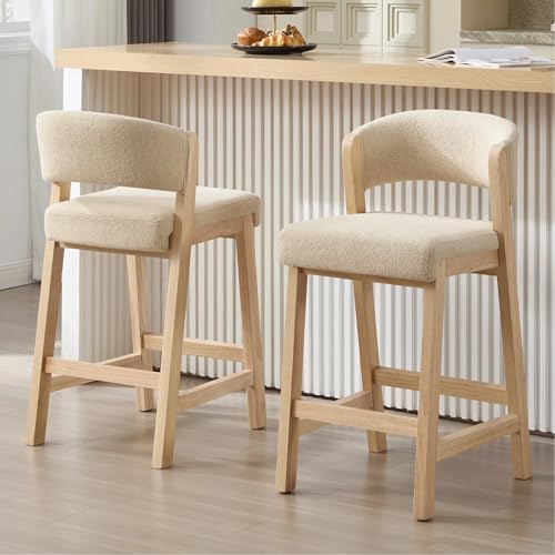 Image of Zesthouse Wooden Counter Height Stools Set of 2, Mid Century Kitchen Bar Stools with Back & Raw Solid Wood Legs, Farmhouse Upholstered Barstools for Kitchen Island, Beige Linen Counter Hieght Chairs