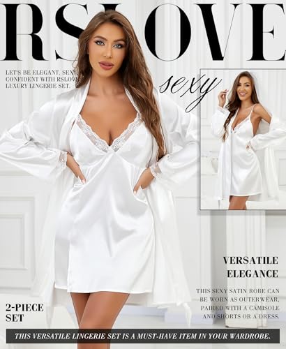 RSLOVE Damen Satin Nachthemd Set - Sexy Negligée mit Spitze & Passendem Morgenmantel, 2-teiliges Nachtkleid Dessous Set Weiß XL