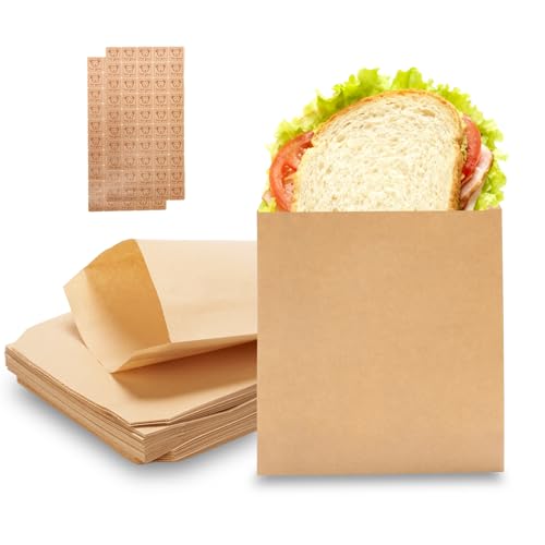 Volokitx 100-Pack 6x8 Inch Kraft Paper Sandwich Bags with 100 Bear Stickers for Sealing Small Paper Snack Bags for Sandwiches Bakery Cookies & Snacks