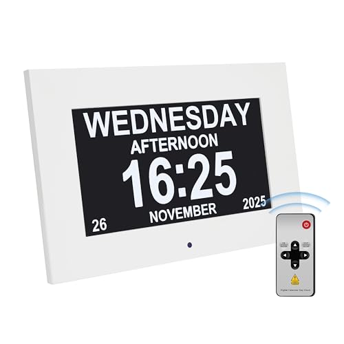 Dementia clock 7-inch Large Digital clock with date and day, Digital calendar Silent alarm clocks for bedrooms ,Video and Photo Album Player,elderly 12 alarm clocks & 20 reminders for medication,sleep