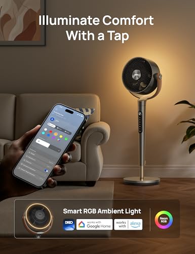 Image of DREO Smart Fan for Bedroom with RGB LED, 150+120 Omni-directional Oscillating, Quiet 20dB Fan, 100ft Air Circulator Pedestal Fan with DC Motor, 12 Speeds, 6 Modes, 37-42 inch Height, Wi-Fi /Voice /Alexa