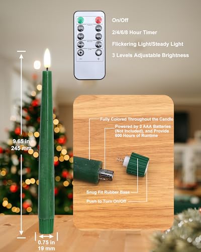 Image of Stmarry Green Flameless Taper Candles with Remote and Timer, 9.65 Inch Real Wax LED Candlesticks, Dripless Battery Operated Tall Candles with 3D Flickering Flame, 6 Pack
