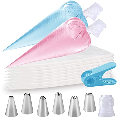 Pazalor 100 Pcs Poches à Douille Jetable en Plastique Poche à Douille pour Glaçage et Décoration de Gâteau Pâtisserie Sucre Fondant, Venez avec 6 buse en Acier Inoxydable 1 connecteur, 1 Clip de Sac