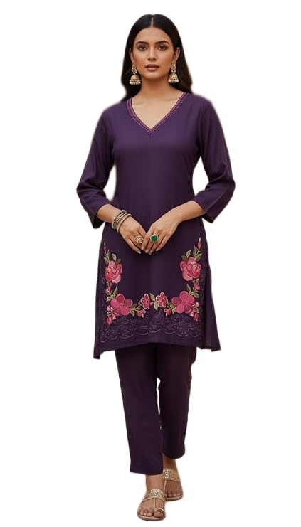 Women’s Deep Purple Co-Ord Set | Premium Cotton Blend V-Neck Embroidered Top with Floral Detailing | Matching Straight Pants | Stylish 2 Piece Ethnic & Casual Wear Outfit-image-9