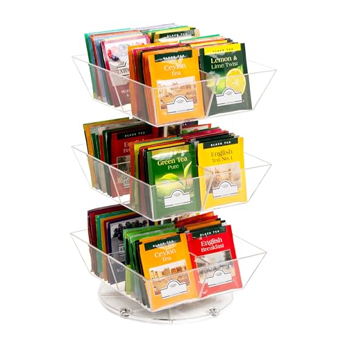 Mind Reader Tea Bag Carousel, 3 Tier Clear Acrylic Organizer with 12 Compartments, 360° Rotating Tea Station for Countertop Storage