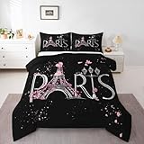 Feelyou Eiffel Tower Comforter Set Chic Paris Bedding Set Romantic Theme Comforter for Boys Girls Children Teens Black Pink Bedroom Decor Modern French Style Duvet Set Full Size with 2 Pillow Case