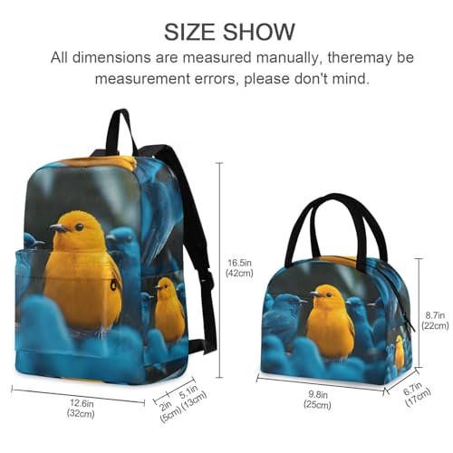 Backpack Lunch Box Set Large Capacity Travel Backpacks and Insulated Lunch Bag for Commute Hiking Picnic Yellow Blue Bird Print2