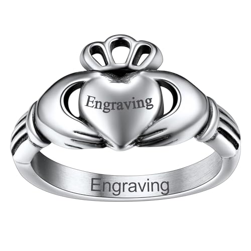 FaithHeart Claddagh Rings for Love, Stainless Steel/18K Gold Plated Women Men Wedding Band Ring Personalized Custom 00. Band-Silver 7