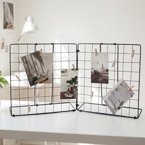 JAJAGOU Foldable Desktop Photo Display Rack & Grid Display Board with 20 Wooden Clips Photo Accessory & Handcraft Display Organizer for Home Office Black