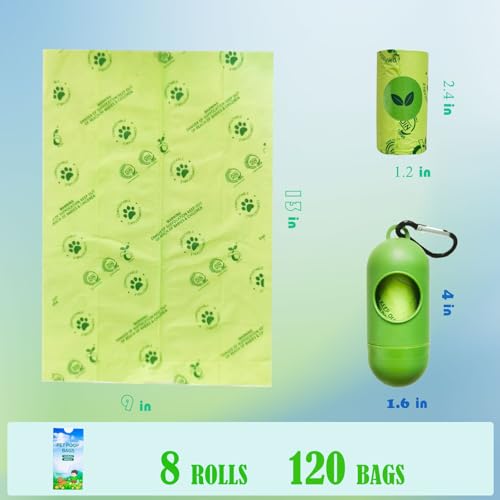 Image of Pet Poop Bags,Unscented,Extra Thick,Leak Proof,8Rolls,120 Counts, with Metal Carabiner Dispenser