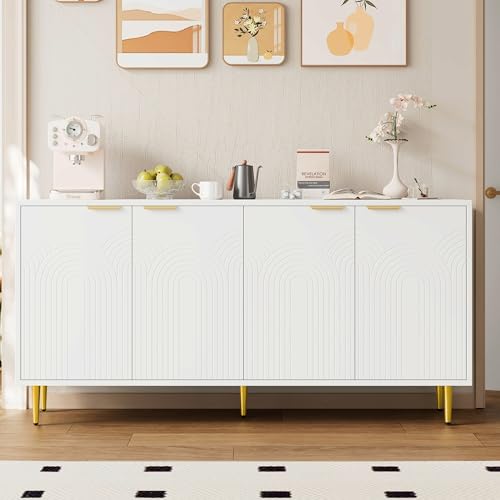VIVCA Aparador para salón, cómoda con 4 puertas, asas doradas cepilladas, patas de mesa de alto brillo, color blanco, dimensiones 160 × 80 × 40 cm