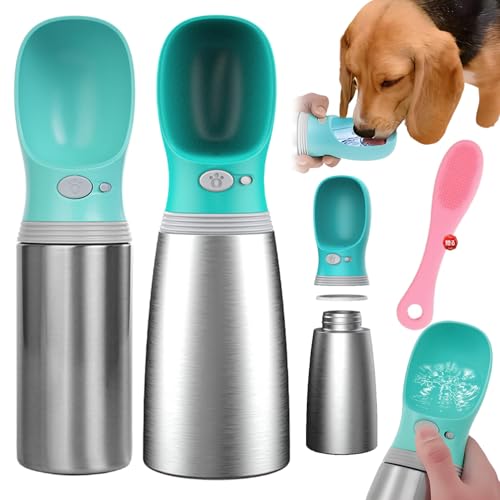 犬 給水ボトル ステンレス ペット携帯用水飲みボトル 犬 散歩 水飲み器 大容量 犬 猫 給水器 漏れ防止 片手操作 広口洗いやすい 犬猫兼用 水筒 携帯便利 アウトドア お出かけ 旅行対応 ペット用品 (グリーン,400ml)（Amazon）