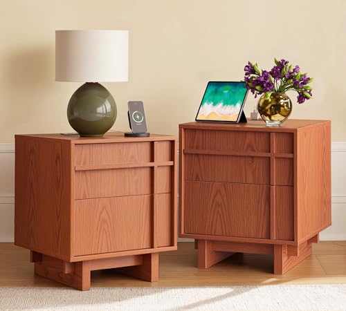 Image of Nightstand Set of 2, Bedside Table for Bedroom, End Table | Mid Century Modern, Charging Station, 2 Drawers Storage, Skeleton Line Design, Wood Grain, Minimalist, Cherry