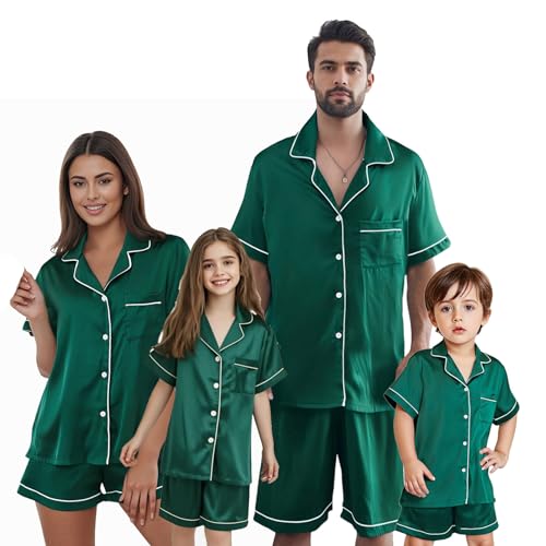 Family Matching Pajamas Set - Satin Short Sleeve Matching Family Sleepwear Suits Silk Pjs Set