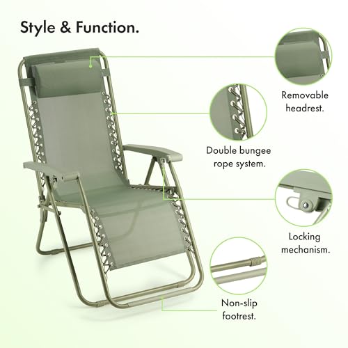 Vonhaus Zero Gravity Chairs Set Of 2 - Reclining Sun Loungers For Garden - Textilene Folding Sunloungers With Detachable Headrest - Fold Away 2 Set Deck Chairs For Outdoor, Patio (Sage Green) - 8