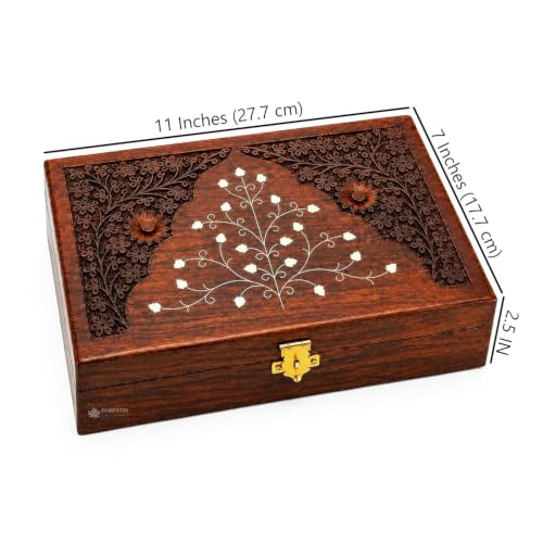 Image of Exquisitely Hand Brass-Filled Wooden OM Box for Good Luck| Jewellery Box (11X7 Inches, Crown)