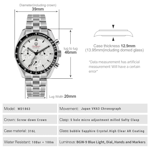 Image of watchdives WD1863 Men Chronograph Watch Japan VK63 Quartz Sports Watches 40mm Bubble Sapphire Crystal Wristwatch 100M Dive Watch