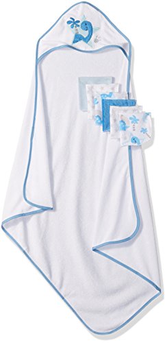 Little Beginnings Dino Print Hooded Towel and Washcloths Gift Set, Blue