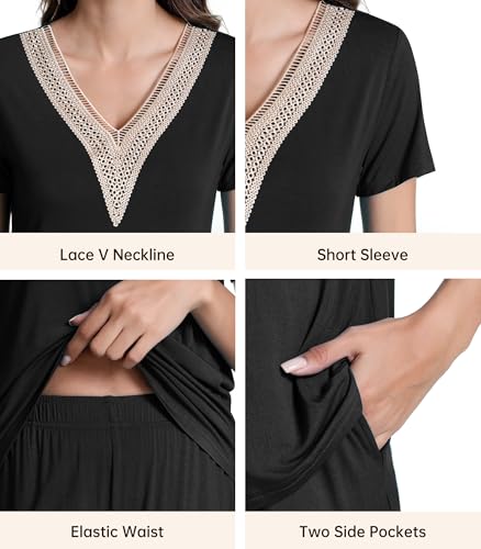 Image of NACHILA Pajamas for Women-Viscose Made from Bamboo, Short Sleeve Sleepwear Soft Capri Pants Pjs Lace V Neck Lounge Sets