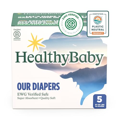 Image of HealthyBaby Our Diapers | EWG Verified Safe & Plant-Based Diapers | Leak Protection | Soft Organic Cotton Shell | Chlorine-Free Diaper for Sensitive Skin | Size 5 (27-35 lbs) 40 Count
