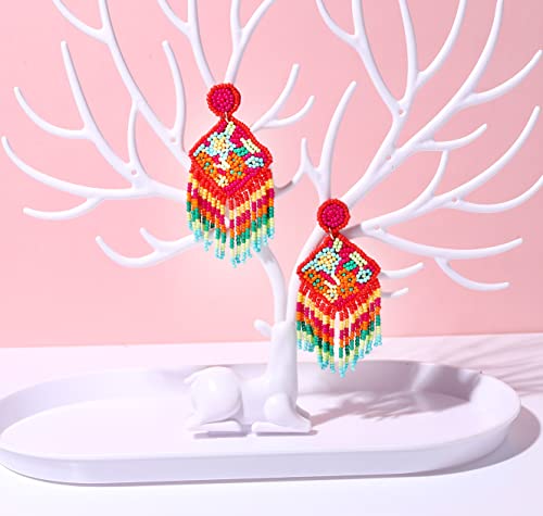 Beaded Flower Earrings Beads Tassel Earrings Square Drop Dangle Earrings for Women Girls Handmade Spring Jewelry Gifts3