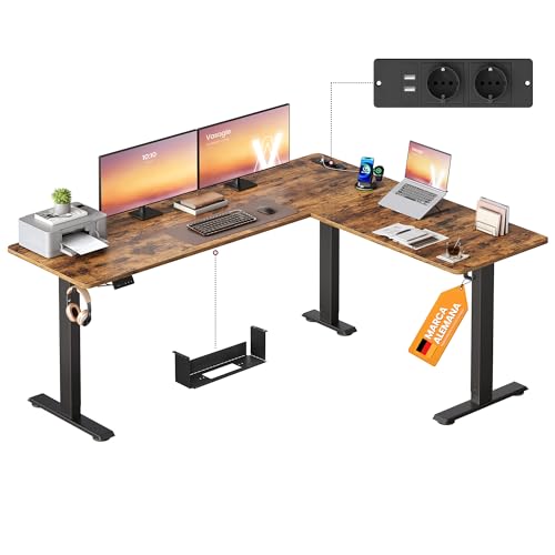 VASAGLE Escritorio Ajustable en Altura, 190 x 155 cm, Escritorio Esquinero en L, 2 Tomas CA, 2 Puertos USB A, Estante para Regleta, para Oficina, Marrón Rústico LSD295KD01