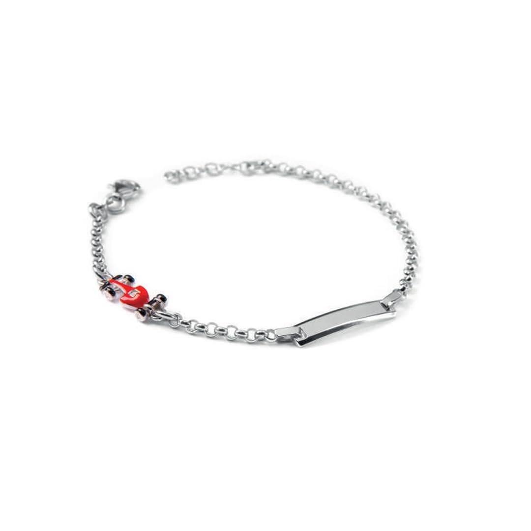 gioiellitaly Bracciale argento 925 bambina bambino targa per incisione personalizzabile con auto Formula 1 smalto rosso regalo bimba bimbo