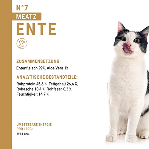 catz finefood Meatz Katzen Leckerlies Ente N° 7 - knusprig gegrillte Streifen aus Entenfleisch - mit Aloe Vera für die Darmflora - Katzensnack ohne Zucker, getreidefrei, 45g