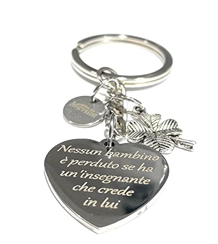 MODA MavillA portachiavi regalo maestra portafortuna acciaio con dedica quadrifoglio