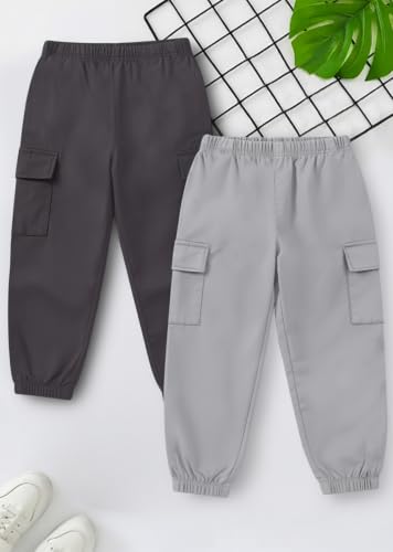 Image of Trampoline Kids Joggers Trackpants Pack of 2 - Charcoal Grey & Grey | Knit Cotton Blend Cargo Style Pants for Boys & Girls | Soft Elastic Waist Track Bottoms with Pockets | Comfy Everyday Activewear