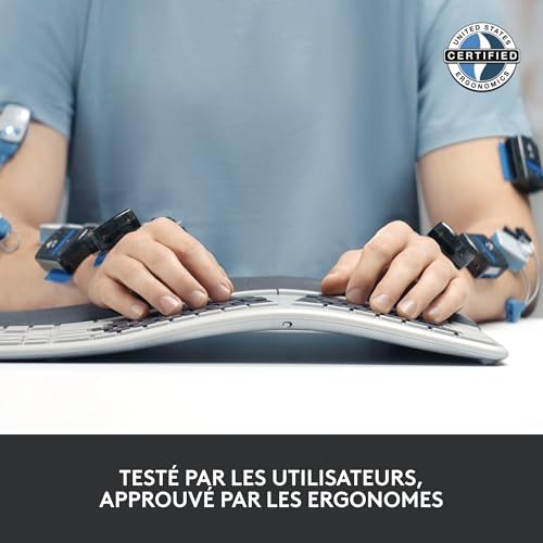 Logitech Ergo K860 Clavier Ergonomique sans Fil - en Deux Parties, Repose Poignet, Frappe Naturelle, Bluetooth Et Connectivité USB, Compatible avec PC & Mac, Clavier Français AZERTY - Gris