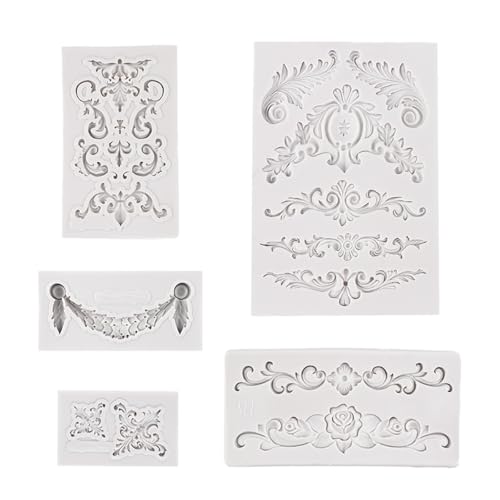 LINTRA 5 Stück Fondant Formen Silikon, 3 D Strukturmatte Fondant, Barockstil, Silikonformen Spitze, Grau Fondant Silikonform Barock, für Backen von Kuchen, Gelee, Schokolade