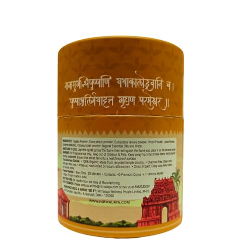 Image of Nirmalaya Premium Sandalwood (Chandan) Dhoop Cones | 60 Bambooless Incense Cones with Stand | Made from Sacred Flowers | Charcoal Free Agarbatti | 25 Min Burn Time for Pooja & Meditation