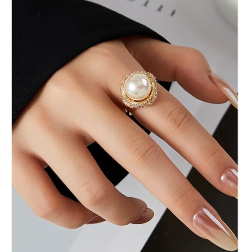 Kokoma Elegant Big Pearl Ring for Women Shiny CZ Crystal Engagement Promise Statement Rings Wedding Band Adjustable Comfort Fit Fashion Jewelry3