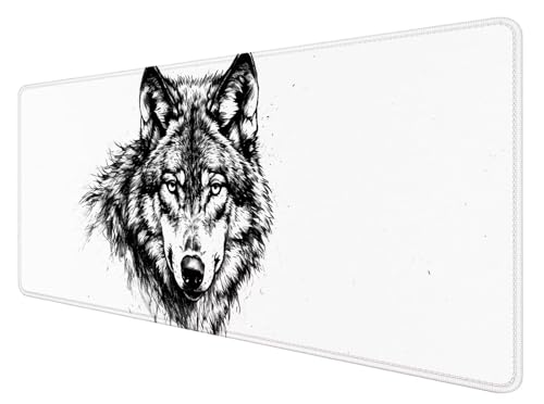 Tappetino per Mouse XXL 800 x 400 x 3mm, Tappetino Mouse Bianco, Grande Tappetino Mouse Gaming con Base in Gomma Antiscivolo, Lavabile Tappetino per Mouse da Gioco con Lupo, Tappetino Mouse XL, Y-8