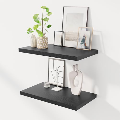 Image of Dreamland 24 inch Floating Shelves for Wall, 12 inch Deep Slim Black Floating Shelves, Wall-Mounted Shelves for Bedroom, Living Room, Kitchen, Bathroom - Set of 2