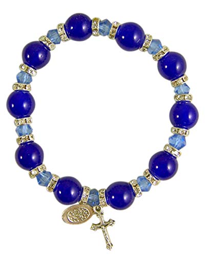 9mm Blue Glass Rosary Bead Stretch Bracelet with Silver-Toned Crucifix and Miraculous Medal, 2 1/2 Inches
